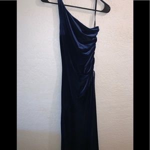 Blue velvet one shoulder long dress